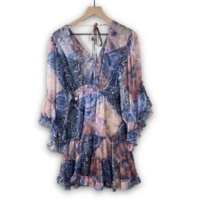 Misa Los Angeles Yasemin Patchwork Bell sleeve Ruffle Mini Dress